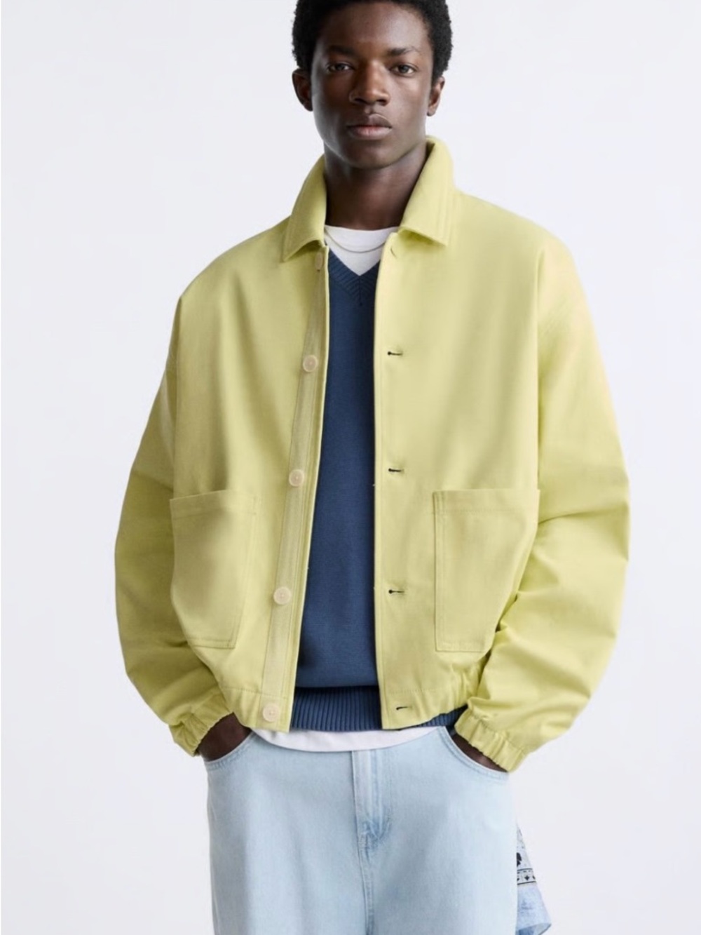 Zara Light Yellow Cotton Bomber Jacket
